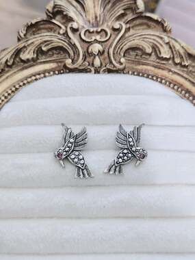 Vintage Intricate Bird Purple Rhinestones Stud Earrings by Avon - BN1 - ,